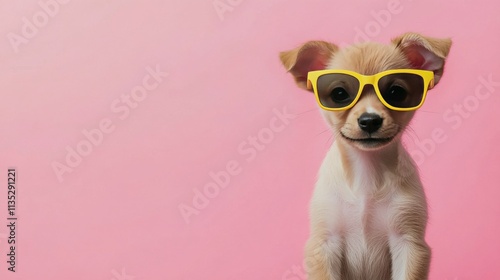 Cute puppy wearing yellow sunglasses poses against a pink background for an a...