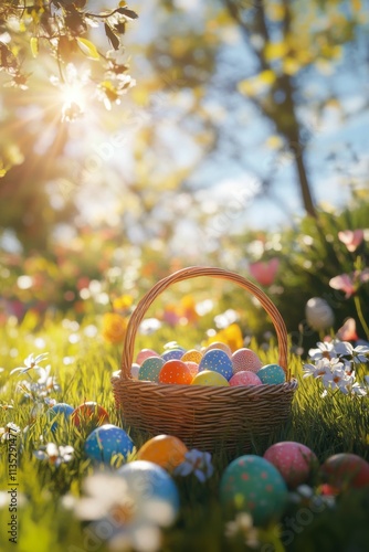 Colorful Easter eggs in a basket among blooming flowers in a sunlit forest