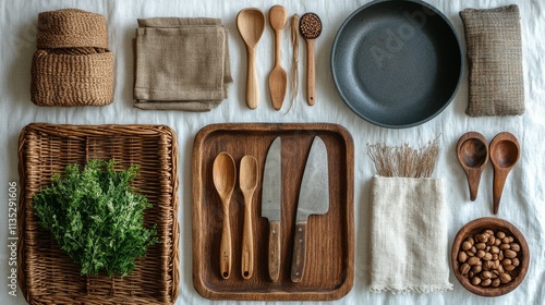 Beautiful table setting with natural elements and kitchen utensils arranged t...