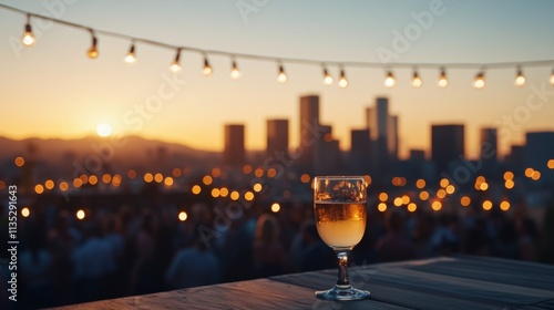 Outdoor evening gathering with string lights and sunset ambiance in a communa...