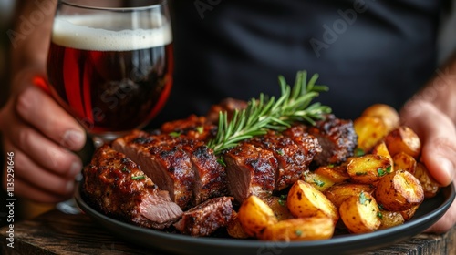 Delicious grilled meat with roasted potatoes and a refreshing drink served on...