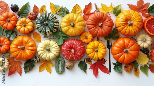 Autumn table setting with pumpkins and autumn leaves for a festive gathering