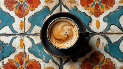 Warm coffee in a decorative cup with roasted beans on a textured surface