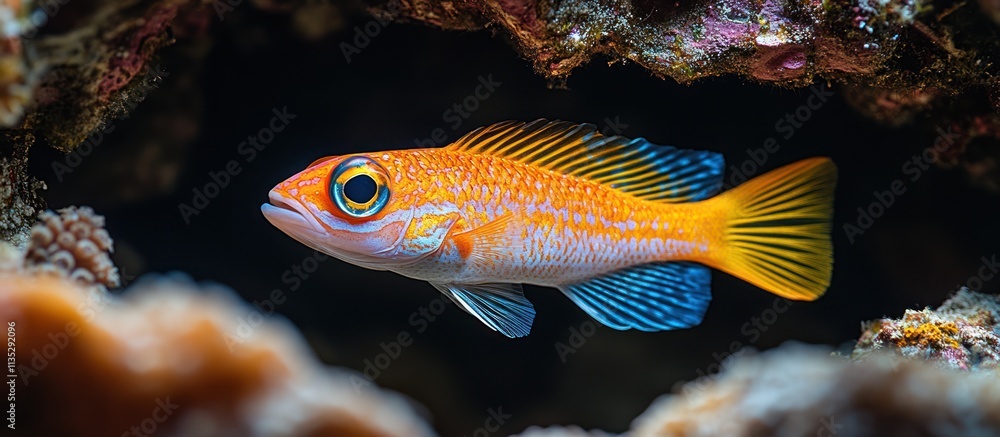 Vibrant orange and blue reef fish swimming in coral. Vibrant orange and blue reef fish swimming in coral.