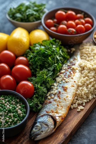 Fresh fish and vibrant vegetables arranged beautifully for a healthy meal pre...
