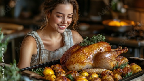 Smiling cook holds roasted turkey at festive kitchen during holiday preparations