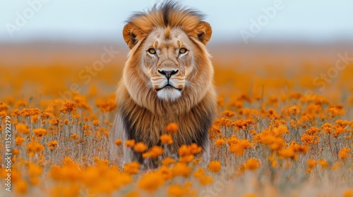 Majestic lion standing in golden grass under a cloudy sky