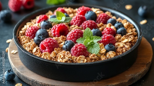 Fresh raspberry crumble dessert with granola topping served in cast iron pan
