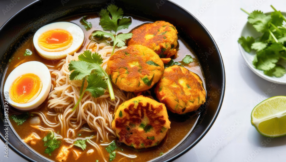 Culinary delight close-up of cozy ramen with egg and veggie patties in a kitchen atmosphere Culinary delight close-up of cozy ramen with egg and veggie patties in a kitchen atmosphere