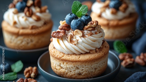 Cupcakes with creamy frosting and toppings on a wooden table in a cozy setting
