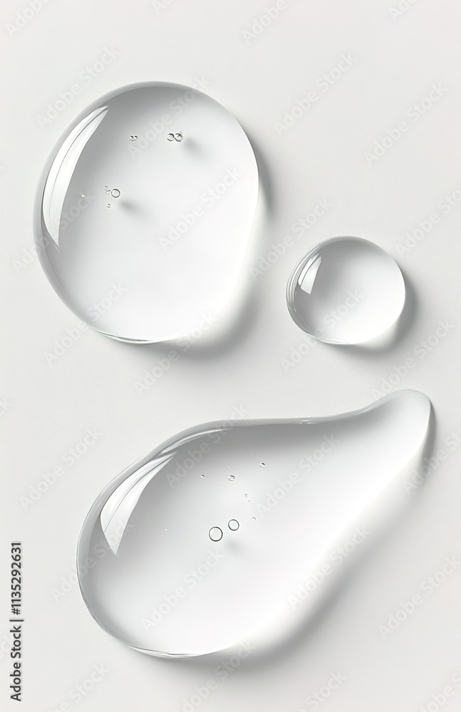 White background, top view of three transparent water droplets on the surface White background, top view of three transparent water droplets on the surface