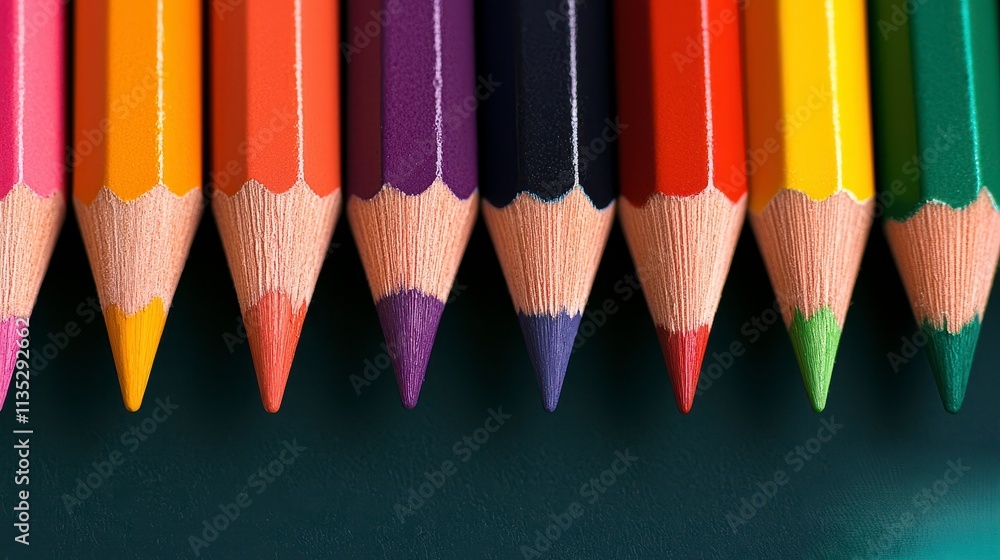 Colorful Pencils Arranged in a Row on Dark Surface Colorful Pencils Arranged in a Row on Dark Surface