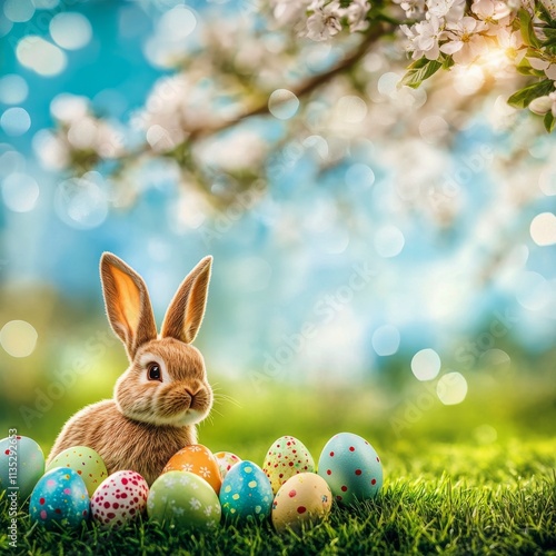 Cute rabbit surrounded by colorful Easter eggs under blooming trees in a sunn...