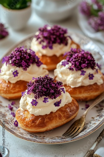 Delicious lavender cream pastry adorned with fresh flowers presented on a whi...