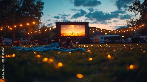 Summer evening outdoor movie experience for children enjoying a magical atmos...