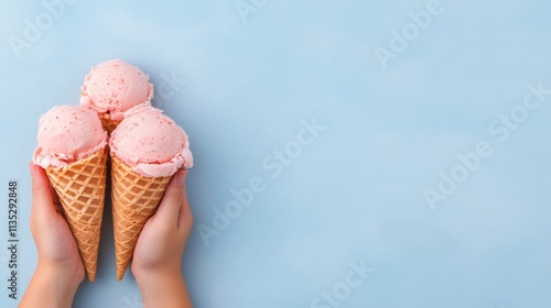 Delicious three scoop strawberry ice cream cones held in hands against a blue...
