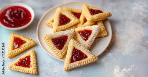 Delicious Hamantaschen Cookies with Fruity Fillings for Purim Celebration and Baking Inspiration photo