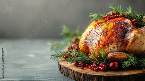Roasted turkey garnished with greens and berries on a wooden platter ready fo...