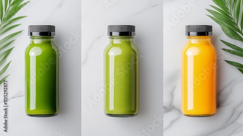 Freshly prepared juices in glass bottles lined up on a marble surface with ga...