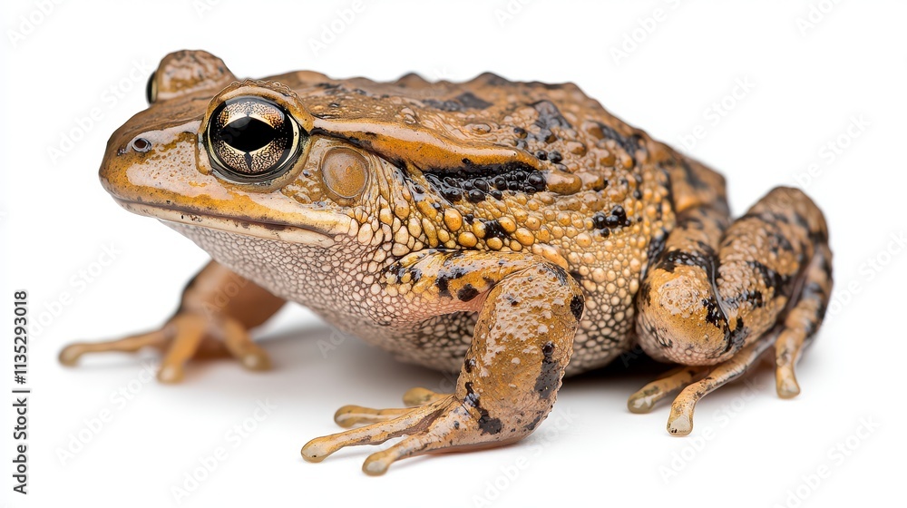 Fototapeta premium Closeup of a Brown and Black Speckled Frog on White Background