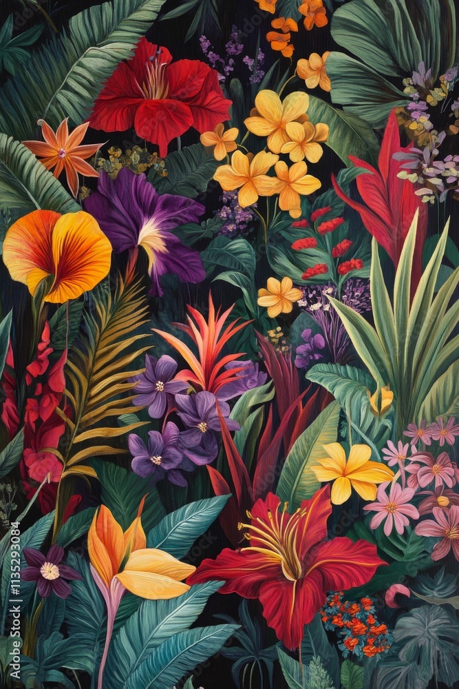 Fototapeta premium Vibrant tropical flowers and lush foliage.