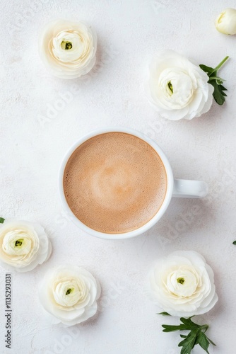 Warm beverage surrounded by delicate flowers on a light surface