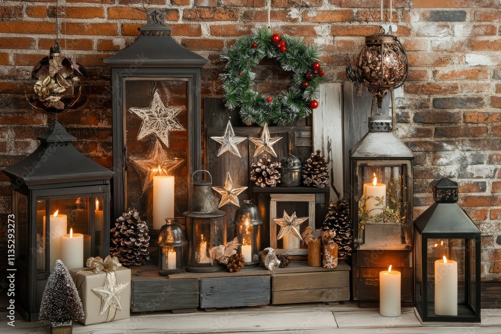 Cozy Holiday Atmosphere with Lanterns, Candles, Pinecones, Stars, and Decorative Elements against a Rustic Brick Wall for Festive Celebrations and Gatherings Cozy Holiday Atmosphere with Lanterns, Candles, Pinecones, Stars, and Decorative Elements against a Rustic Brick Wall for Festive Celebrations and Gatherings