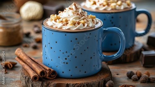 Richly topped hot chocolate in cozy mugs with spices and nuts on a wooden table