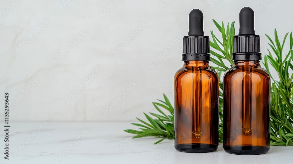 Amber Essential Oil Bottles with Rosemary Sprigs Amber Essential Oil Bottles with Rosemary Sprigs