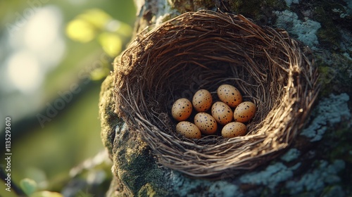 Nest with speckled eggs resting on a mossy tree branch in a serene natural se...