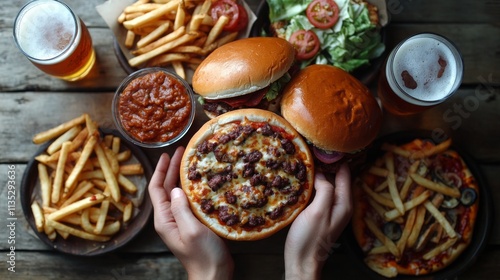 Delicious assortment of comfort food featuring burgers, fries, pizza, and dri...