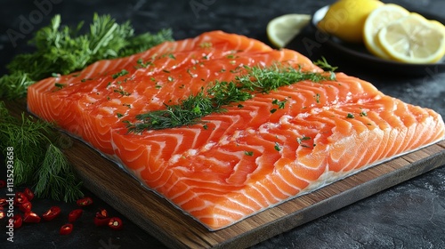 Fresh salmon fillet garnished with herbs on a wooden platter