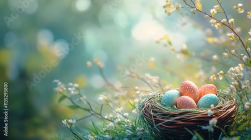 Spring Easter eggs in a nest surrounded by blooming flowers in a sunny meadow