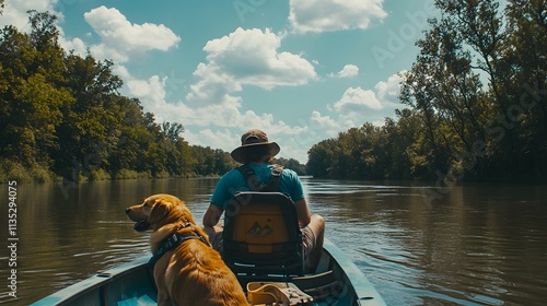 Man and his dog enjoy a peaceful afternoon kayaking on a serene river