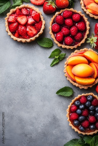 Colorful fruit tart topped with fresh strawberries, blueberries, and apricots...