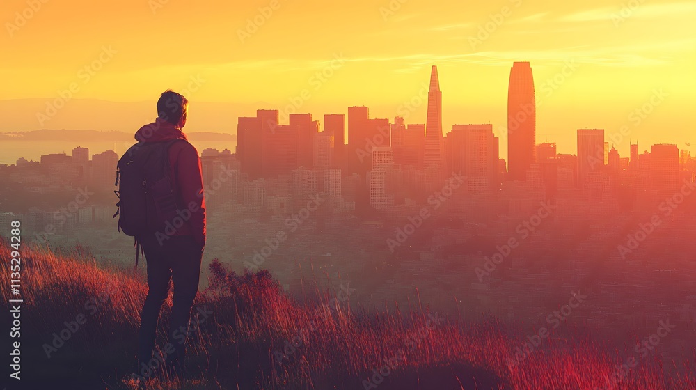 Man with Backpack Views City Skyline at Sunrise Man with Backpack Views City Skyline at Sunrise