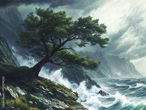 Robust trees braving the stormy winds on a rugged coast photo