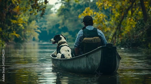 Man and his dog enjoy a peaceful afternoon kayaking on a serene river