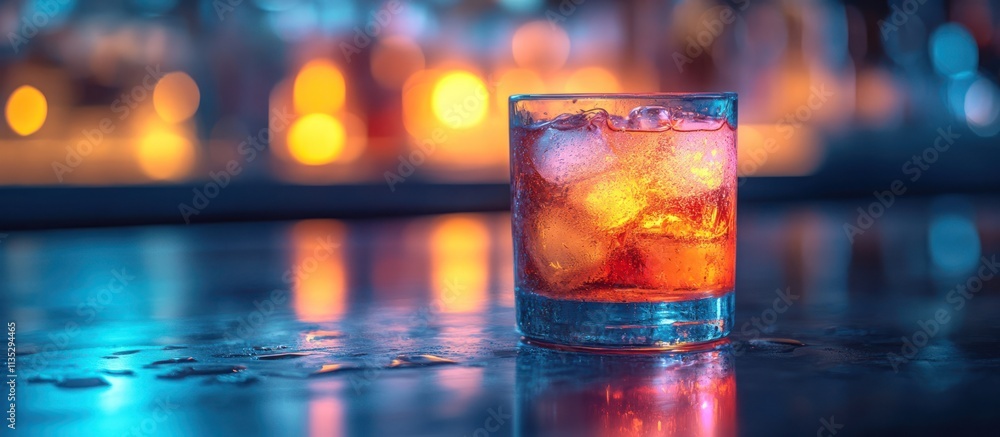 Icy alcoholic beverage in rocks glass on bar. Icy alcoholic beverage in rocks glass on bar.