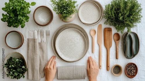 Beautiful table setting with natural elements and kitchen utensils arranged t...