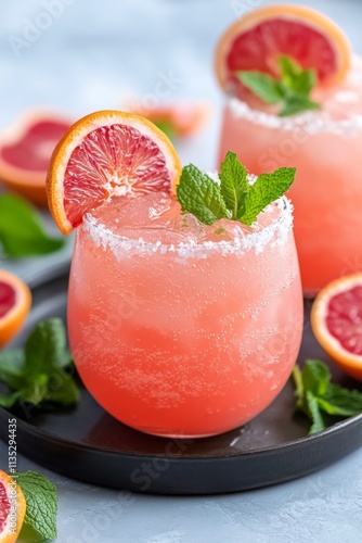Refreshing grapefruit cocktails garnished with mint served on a wooden table