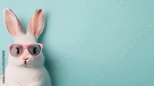 Cute white rabbit wearing pink sunglasses against a pastel blue background