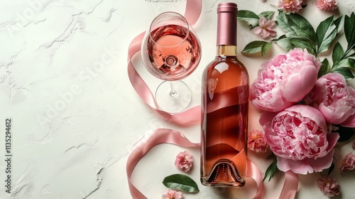 Elegant wine bottle surrounded by pink peonies and lush greenery for a spring...