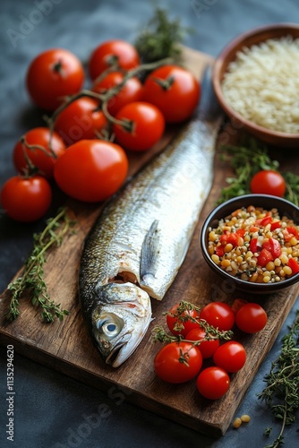Fresh fish and vibrant vegetables arranged beautifully for a healthy meal pre...