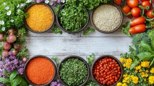 Colorful arrangement of fresh vegetables and herbs in bowls on a wooden surface