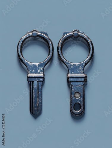 Metal police handcuffs on color background with key. photo