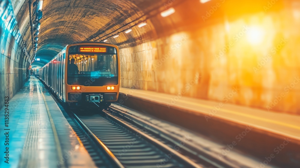 Fototapeta premium A subway train entering a tunnel, illuminated by warm light.