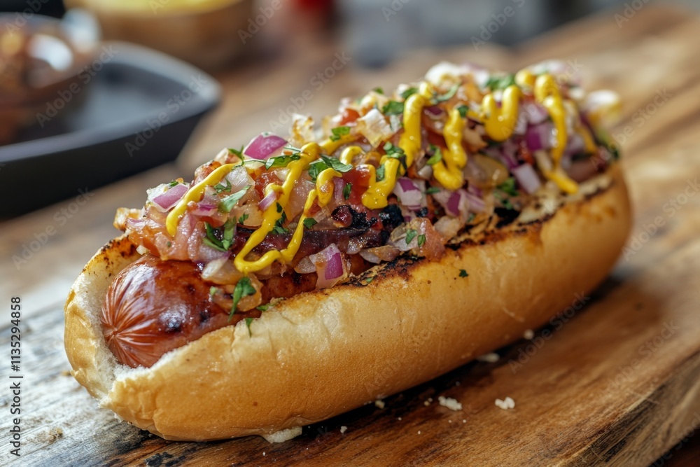 Gourmet Hot Dog with Crispy Bacon and Onions Gourmet Hot Dog with Crispy Bacon and Onions
