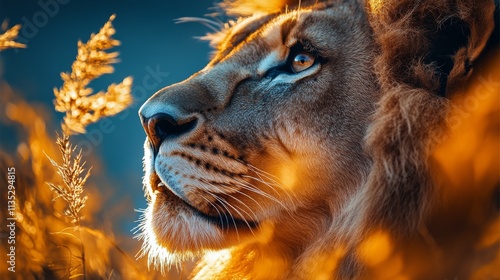 Majestic lion standing in golden grass under a cloudy sky