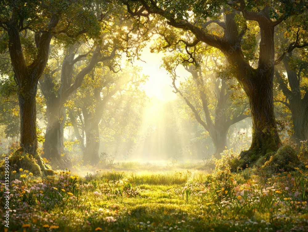 A sunlit forest scene with vibrant greenery and flowers. A sunlit forest scene with vibrant greenery and flowers.